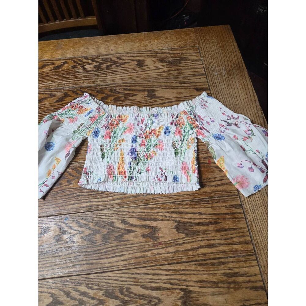 agua bendita smocked off the shoulder floral top sz Large